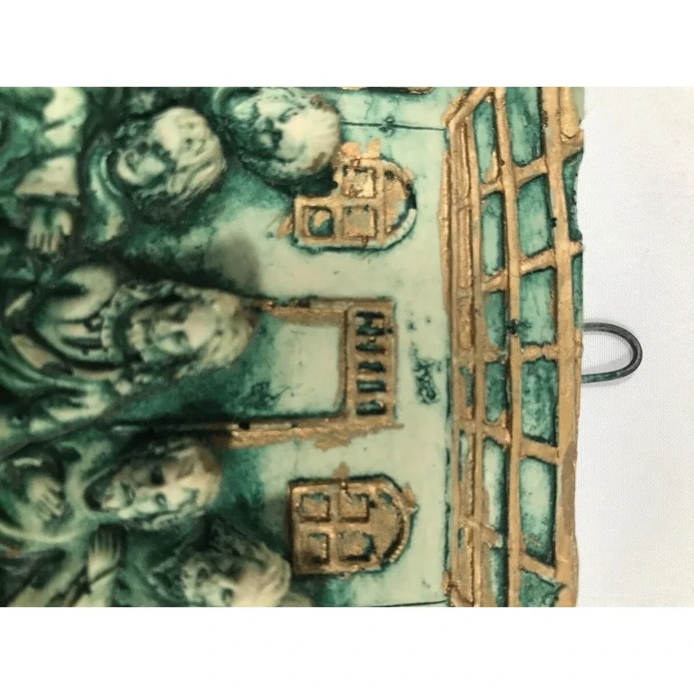Vintage Last Supper 3D Relief Wall Plaque Scroll Design Teal Gold Religious Art